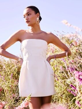 Ramy Brook Lily Embellished Strapless Mini Dress with Floral Embellishment-Ivory
